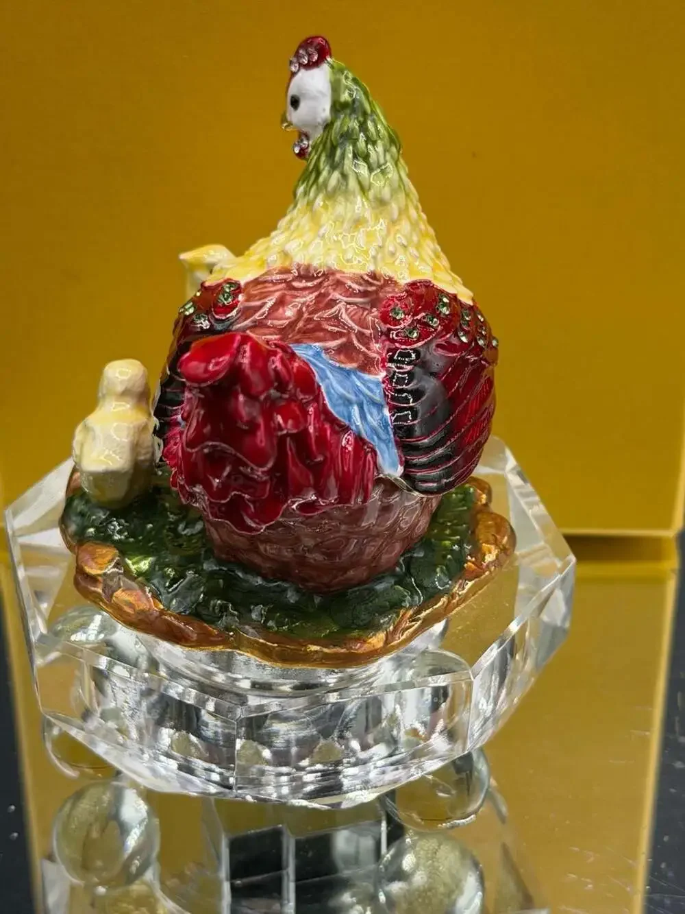 Enamel Hen with Chicks Hinged Trinket Box with Rhinestone Accents